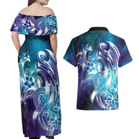 Aloha Hawaii Turtle Couples Matching Off Shoulder Maxi Dress and Hawaiian Shirt Teal Purple Ribbon LT7 - Polynesian Pride