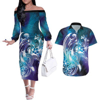 Aloha Hawaii Turtle Couples Matching Off The Shoulder Long Sleeve Dress and Hawaiian Shirt Teal Purple Ribbon LT7 Purple Teal - Polynesian Pride