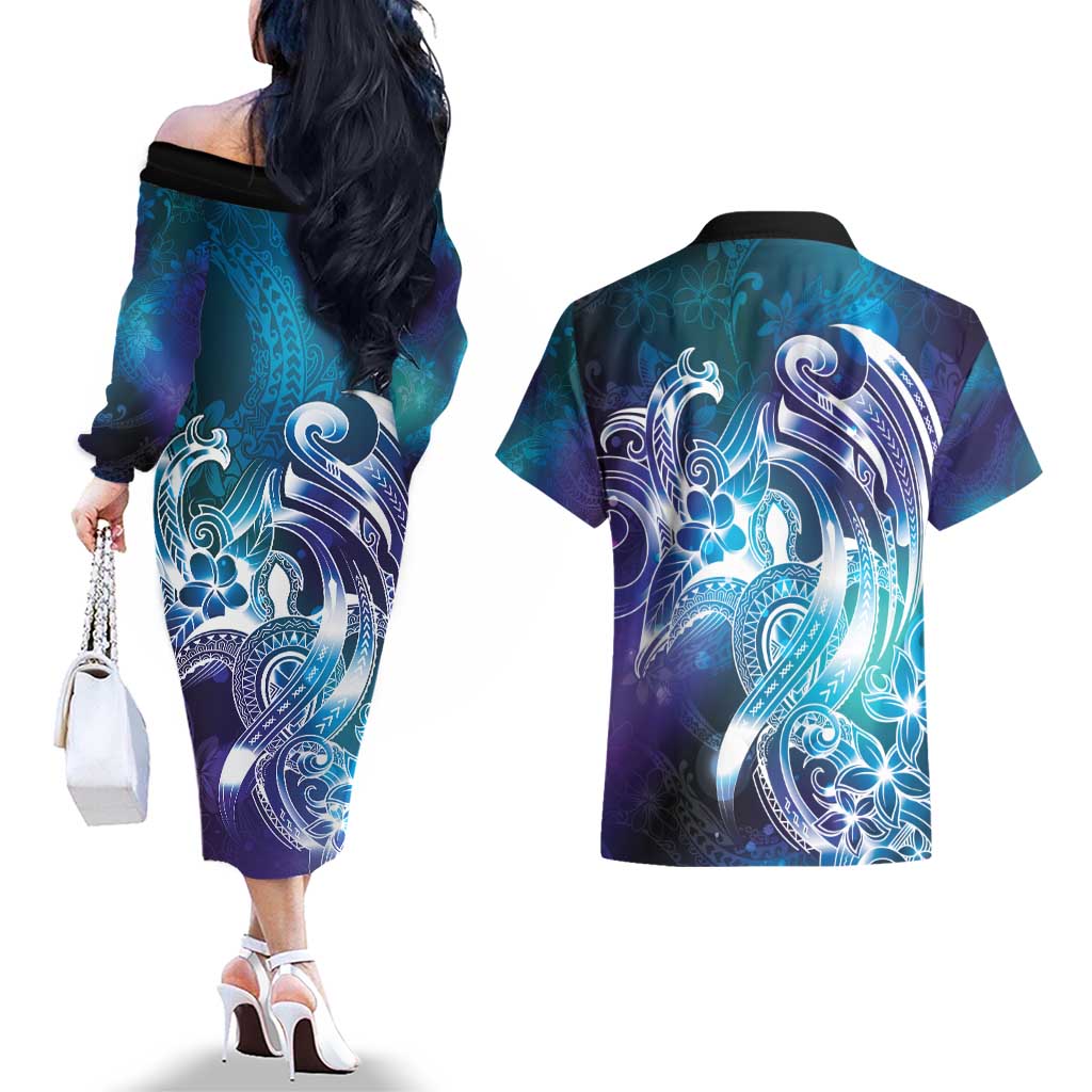 Aloha Hawaii Turtle Couples Matching Off The Shoulder Long Sleeve Dress and Hawaiian Shirt Teal Purple Ribbon LT7 - Polynesian Pride