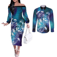 Aloha Hawaii Turtle Couples Matching Off The Shoulder Long Sleeve Dress and Long Sleeve Button Shirt Teal Purple Ribbon LT7 Purple Teal - Polynesian Pride