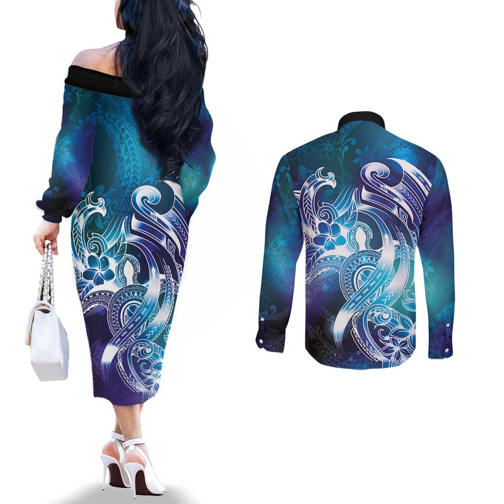 Aloha Hawaii Turtle Couples Matching Off The Shoulder Long Sleeve Dress and Long Sleeve Button Shirt Teal Purple Ribbon LT7 - Polynesian Pride