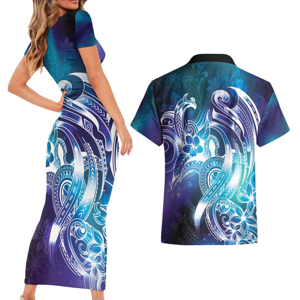 Aloha Hawaii Turtle Couples Matching Short Sleeve Bodycon Dress and Hawaiian Shirt Teal Purple Ribbon LT7 - Polynesian Pride