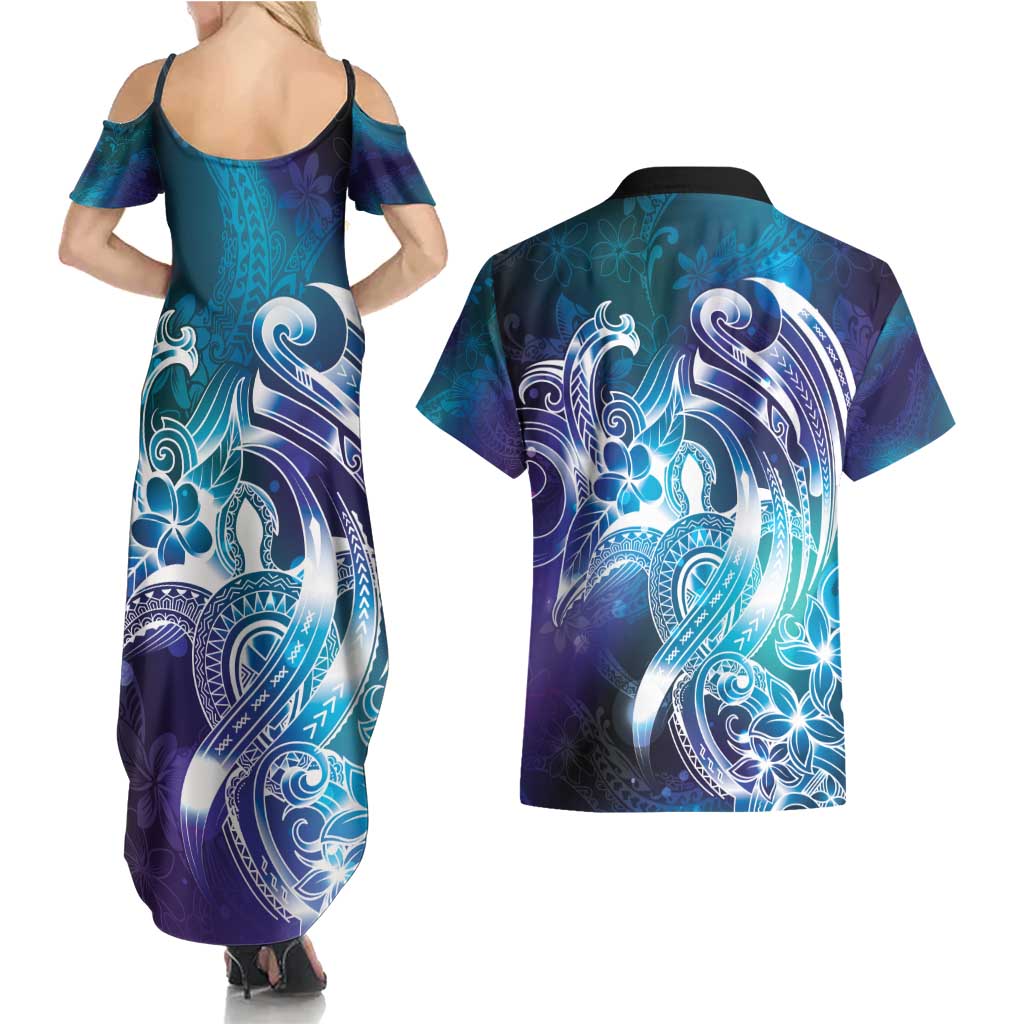 Aloha Hawaii Turtle Couples Matching Summer Maxi Dress and Hawaiian Shirt Teal Purple Ribbon LT7 - Polynesian Pride