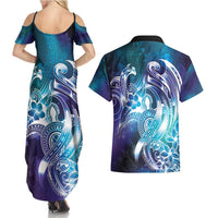 Aloha Hawaii Turtle Couples Matching Summer Maxi Dress and Hawaiian Shirt Teal Purple Ribbon LT7 - Polynesian Pride
