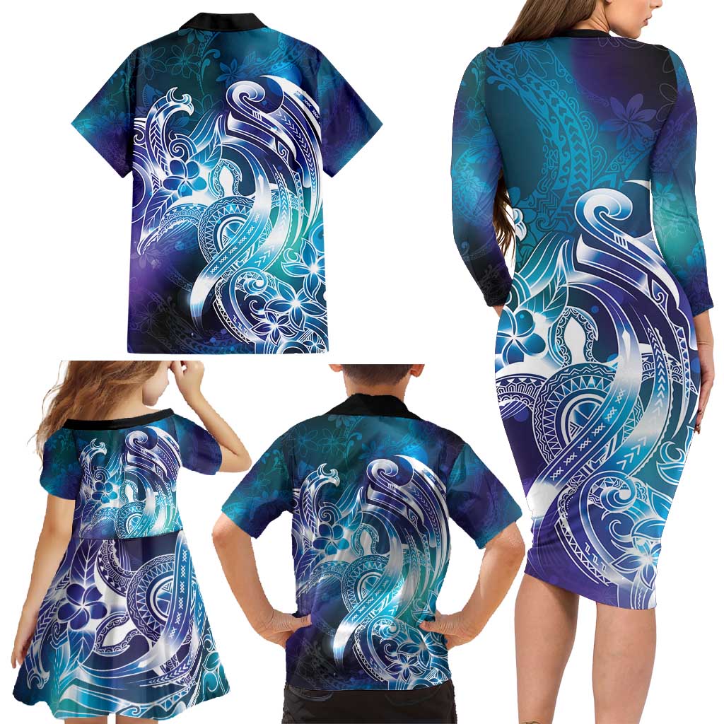 Aloha Hawaii Turtle Family Matching Long Sleeve Bodycon Dress and Hawaiian Shirt Teal Purple Ribbon LT7 - Polynesian Pride