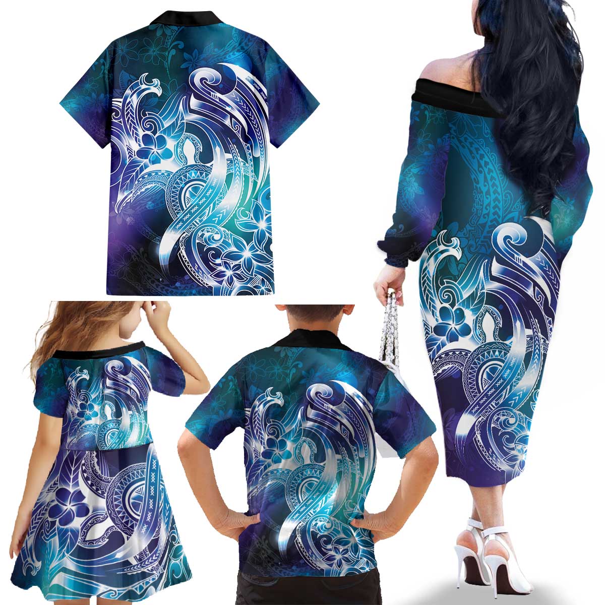 Aloha Hawaii Turtle Family Matching Off The Shoulder Long Sleeve Dress and Hawaiian Shirt Teal Purple Ribbon LT7 - Polynesian Pride