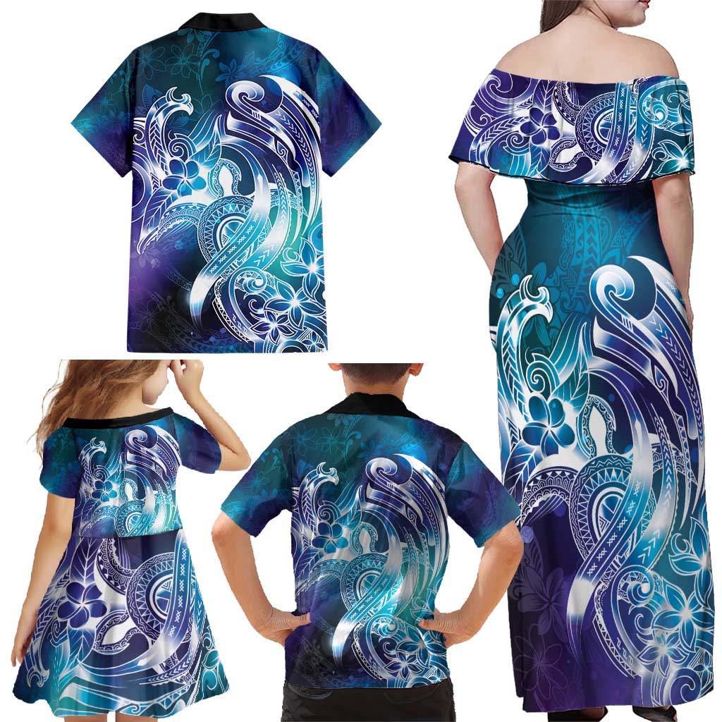 Aloha Hawaii Turtle Family Matching Off Shoulder Maxi Dress and Hawaiian Shirt Teal Purple Ribbon LT7 - Polynesian Pride