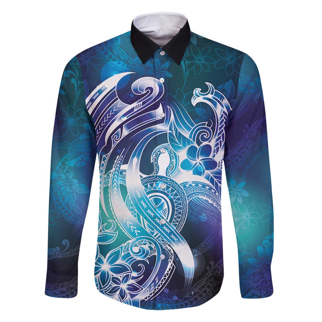 Aloha Hawaii Turtle Family Matching Off Shoulder Maxi Dress and Hawaiian Shirt Teal Purple Ribbon LT7 Dad's Shirt - Long Sleeve Purple Teal - Polynesian Pride
