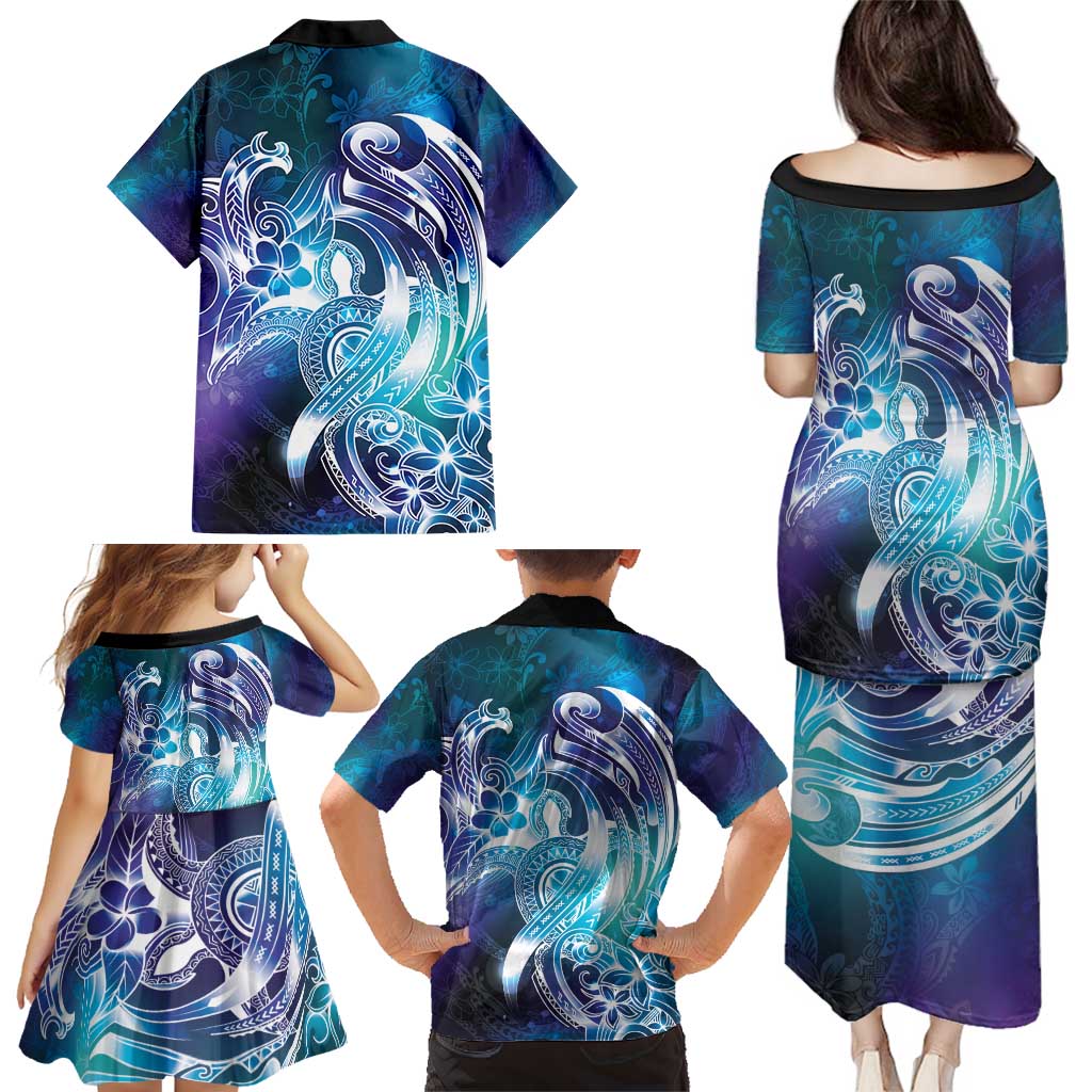 Aloha Hawaii Turtle Family Matching Puletasi and Hawaiian Shirt Teal Purple Ribbon LT7 - Polynesian Pride
