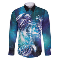 Aloha Hawaii Turtle Family Matching Puletasi and Hawaiian Shirt Teal Purple Ribbon LT7 Dad's Shirt - Long Sleeve Purple Teal - Polynesian Pride