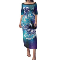 Aloha Hawaii Turtle Family Matching Puletasi and Hawaiian Shirt Teal Purple Ribbon LT7 Mom's Dress Purple Teal - Polynesian Pride