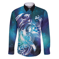 Aloha Hawaii Turtle Family Matching Summer Maxi Dress and Hawaiian Shirt Teal Purple Ribbon LT7 Dad's Shirt - Long Sleeve Purple Teal - Polynesian Pride