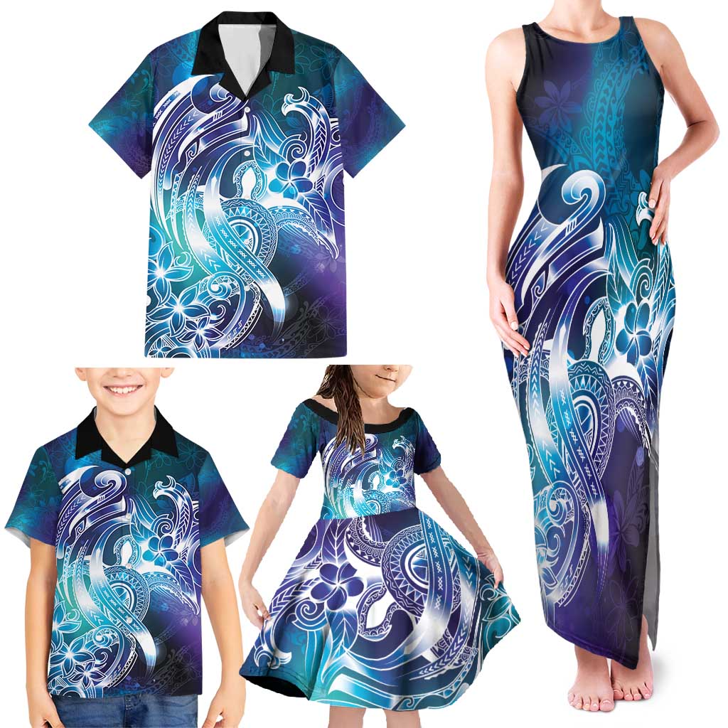 Aloha Hawaii Turtle Family Matching Tank Maxi Dress and Hawaiian Shirt Teal Purple Ribbon LT7 - Polynesian Pride