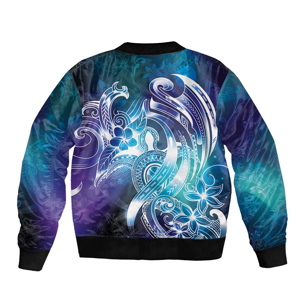 Aloha Hawaii Turtle Sleeve Zip Bomber Jacket Teal Purple Ribbon - Polynesian Pride