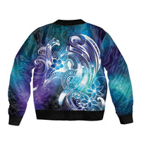 Aloha Hawaii Turtle Sleeve Zip Bomber Jacket Teal Purple Ribbon - Polynesian Pride