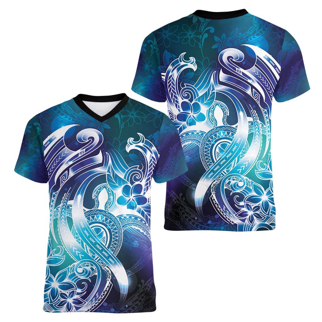 Aloha Hawaii Turtle Women V-Neck T-Shirt Teal Purple Ribbon - Polynesian Pride