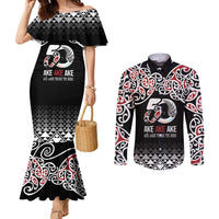 Kia Kaha Te Reo Maori Couples Matching Mermaid Dress and Long Sleeve Button Shirt 50 Years Mo Ake Tonu Te Reo LT7 Black - Polynesian Pride