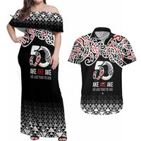 Kia Kaha Te Reo Maori Couples Matching Off Shoulder Maxi Dress and Hawaiian Shirt 50 Years Mo Ake Tonu Te Reo LT7 Black - Polynesian Pride