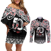 Kia Kaha Te Reo Maori Couples Matching Off Shoulder Short Dress and Long Sleeve Button Shirt 50 Years Mo Ake Tonu Te Reo LT7 Black - Polynesian Pride