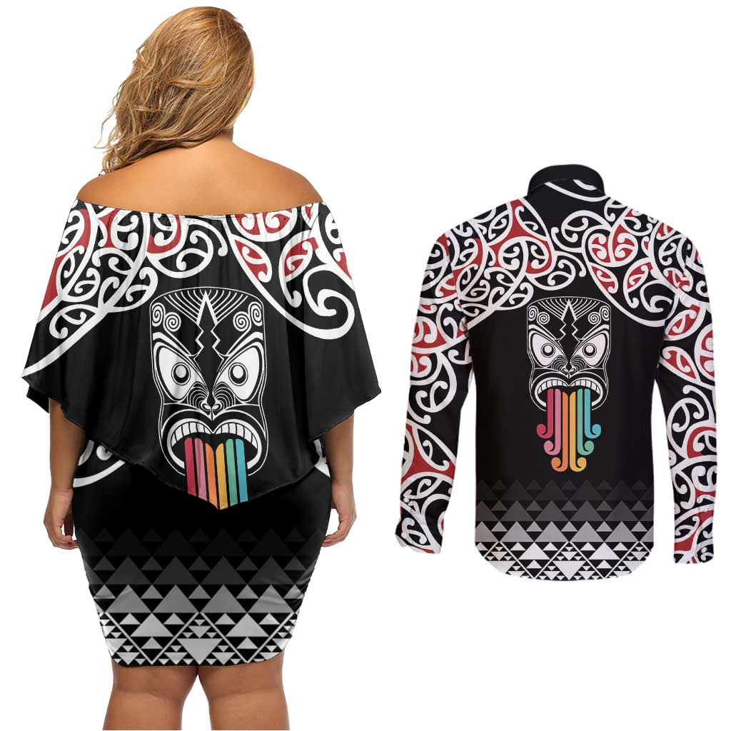 Kia Kaha Te Reo Maori Couples Matching Off Shoulder Short Dress and Long Sleeve Button Shirt 50 Years Mo Ake Tonu Te Reo LT7 - Polynesian Pride