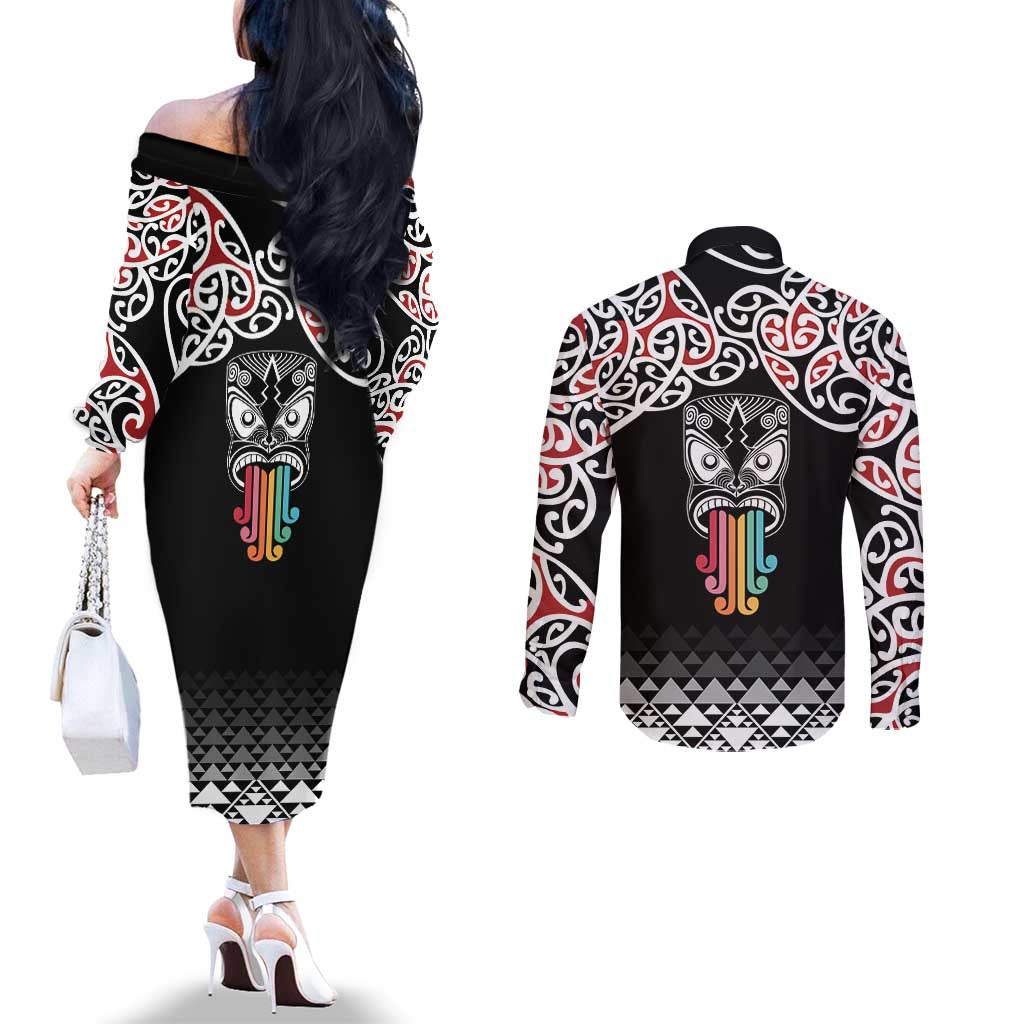 Kia Kaha Te Reo Maori Couples Matching Off The Shoulder Long Sleeve Dress and Long Sleeve Button Shirt 50 Years Mo Ake Tonu Te Reo LT7 - Polynesian Pride
