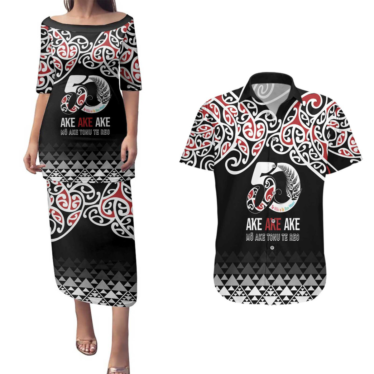 Kia Kaha Te Reo Maori Couples Matching Puletasi and Hawaiian Shirt 50 Years Mo Ake Tonu Te Reo LT7 Black - Polynesian Pride