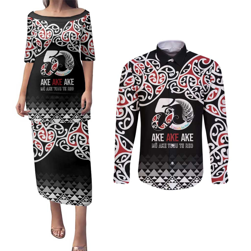 Kia Kaha Te Reo Maori Couples Matching Puletasi and Long Sleeve Button Shirt 50 Years Mo Ake Tonu Te Reo LT7 Black - Polynesian Pride