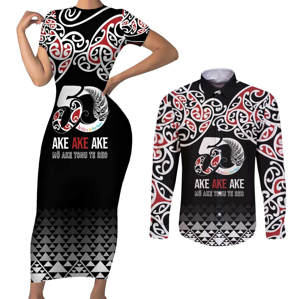 Kia Kaha Te Reo Maori Couples Matching Short Sleeve Bodycon Dress and Long Sleeve Button Shirt 50 Years Mo Ake Tonu Te Reo LT7 Black - Polynesian Pride