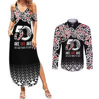 Kia Kaha Te Reo Maori Couples Matching Summer Maxi Dress and Long Sleeve Button Shirt 50 Years Mo Ake Tonu Te Reo LT7 Black - Polynesian Pride