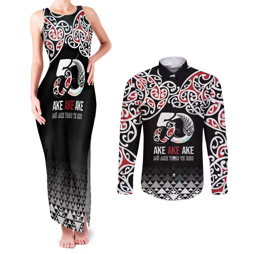 Kia Kaha Te Reo Maori Couples Matching Tank Maxi Dress and Long Sleeve Button Shirt 50 Years Mo Ake Tonu Te Reo LT7 Black - Polynesian Pride