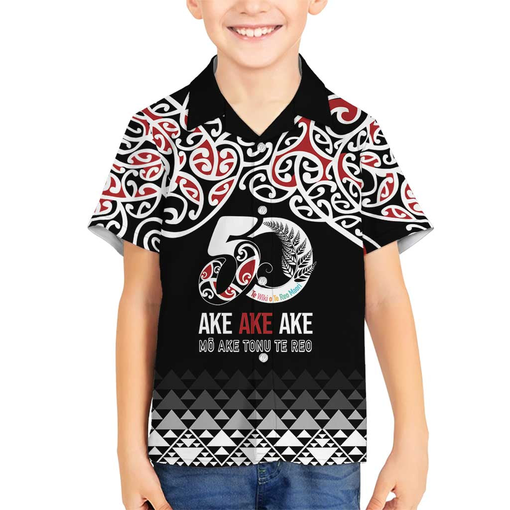 Kia Kaha Te Reo Maori Family Matching Long Sleeve Bodycon Dress and Hawaiian Shirt 50 Years Mo Ake Tonu Te Reo LT7 Son's Shirt Black - Polynesian Pride