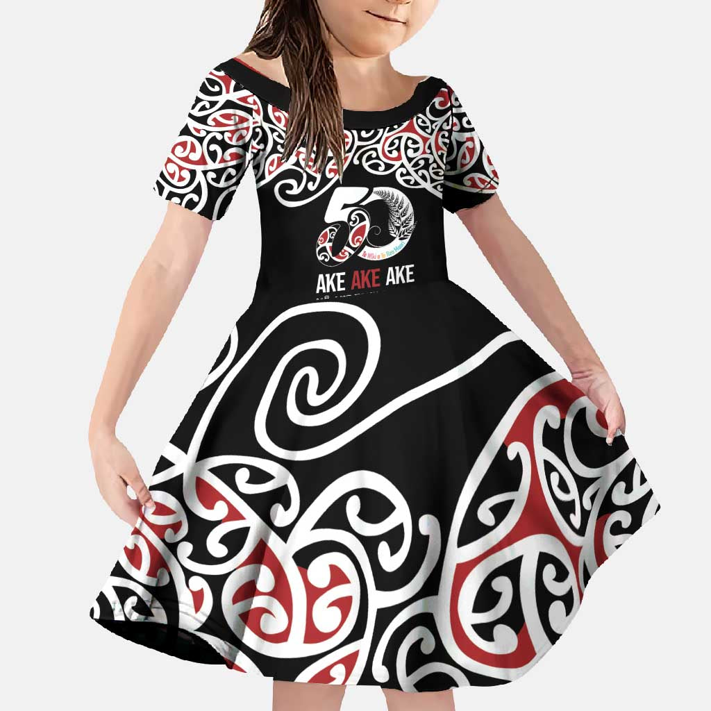 Kia Kaha Te Reo Maori Family Matching Off Shoulder Maxi Dress and Hawaiian Shirt 50 Years Mo Ake Tonu Te Reo LT7 Daughter's Dress Black - Polynesian Pride