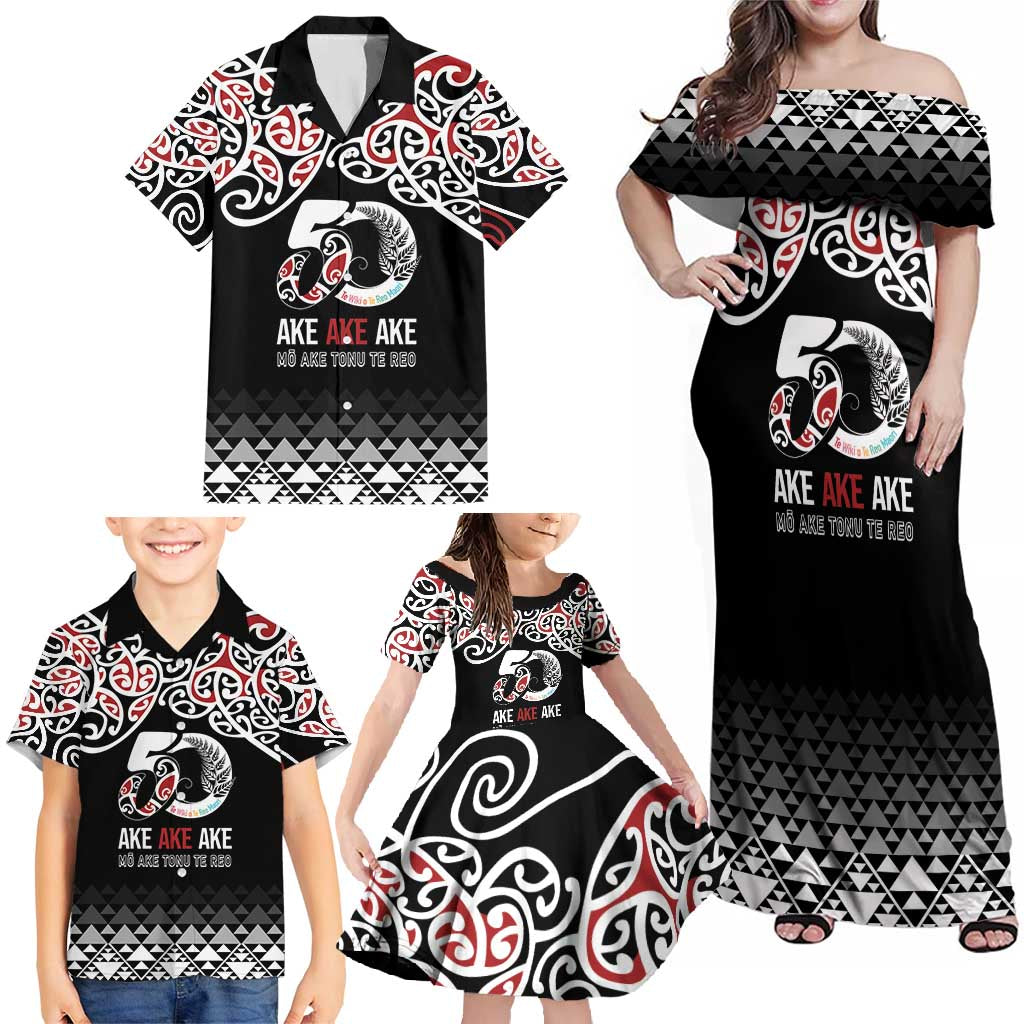 Kia Kaha Te Reo Maori Family Matching Off Shoulder Maxi Dress and Hawaiian Shirt 50 Years Mo Ake Tonu Te Reo LT7 - Polynesian Pride