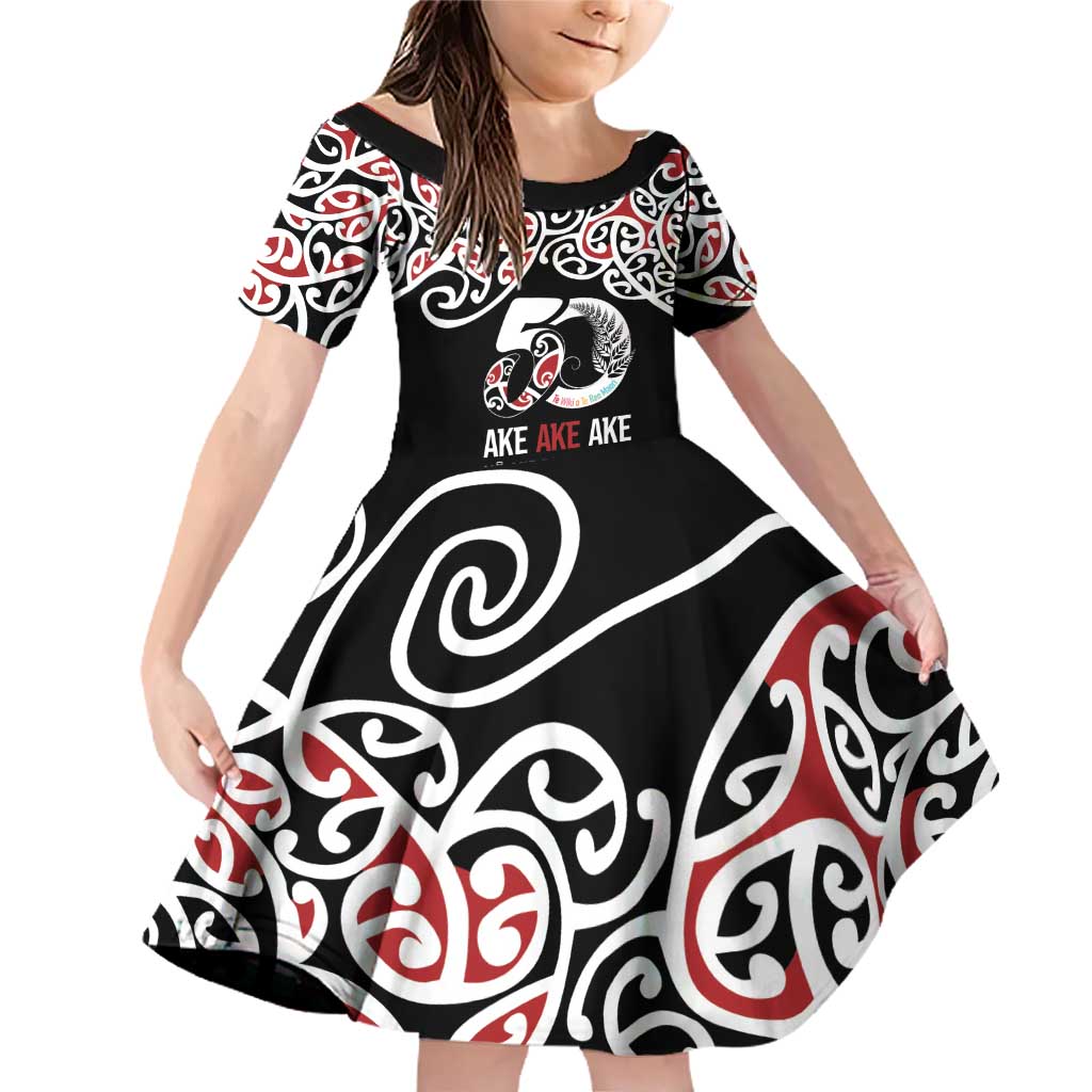 Kia Kaha Te Reo Maori Family Matching Off Shoulder Short Dress and Hawaiian Shirt 50 Years Mo Ake Tonu Te Reo LT7 Daughter's Dress Black - Polynesian Pride