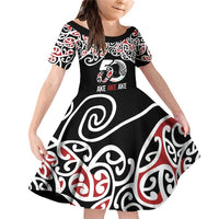 Kia Kaha Te Reo Maori Family Matching Off Shoulder Short Dress and Hawaiian Shirt 50 Years Mo Ake Tonu Te Reo LT7 Daughter's Dress Black - Polynesian Pride