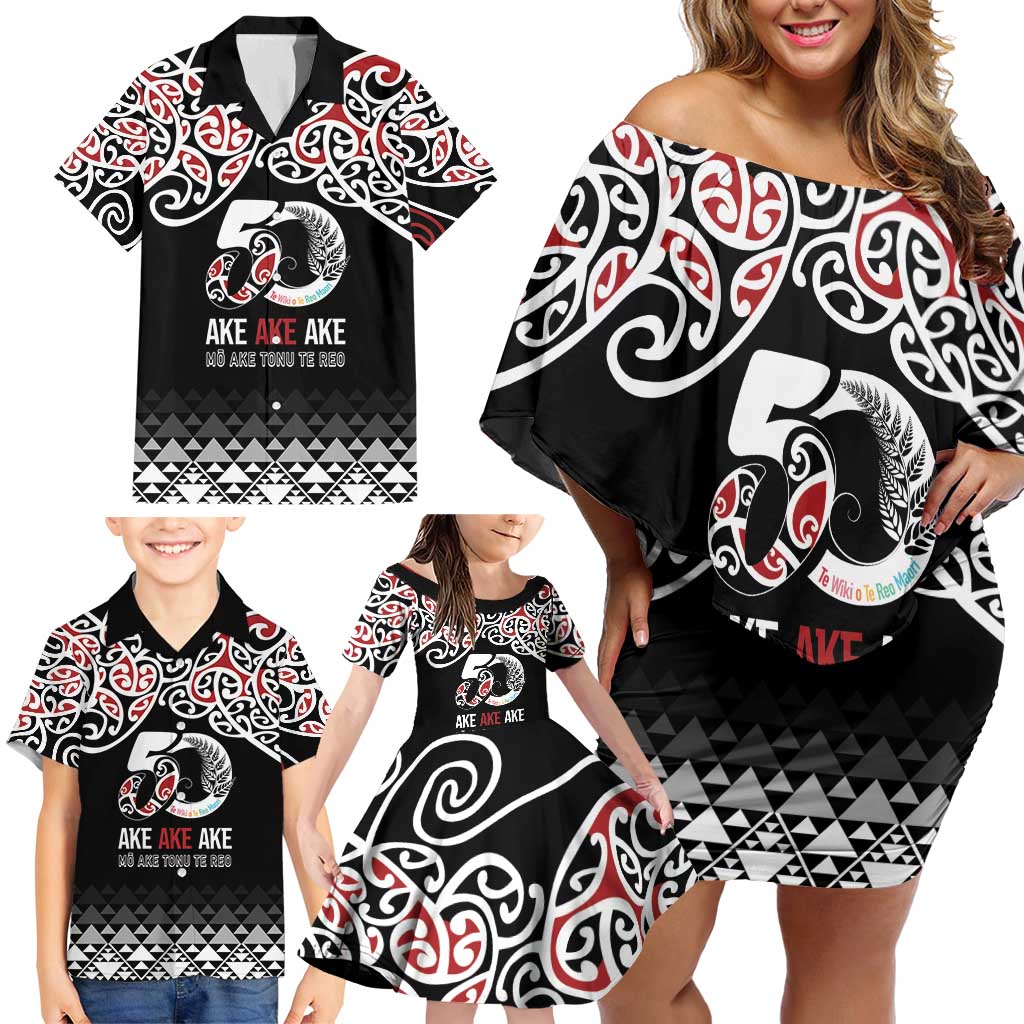 Kia Kaha Te Reo Maori Family Matching Off Shoulder Short Dress and Hawaiian Shirt 50 Years Mo Ake Tonu Te Reo LT7 - Polynesian Pride