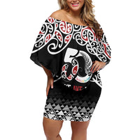 Kia Kaha Te Reo Maori Family Matching Off Shoulder Short Dress and Hawaiian Shirt 50 Years Mo Ake Tonu Te Reo LT7 Mom's Dress Black - Polynesian Pride