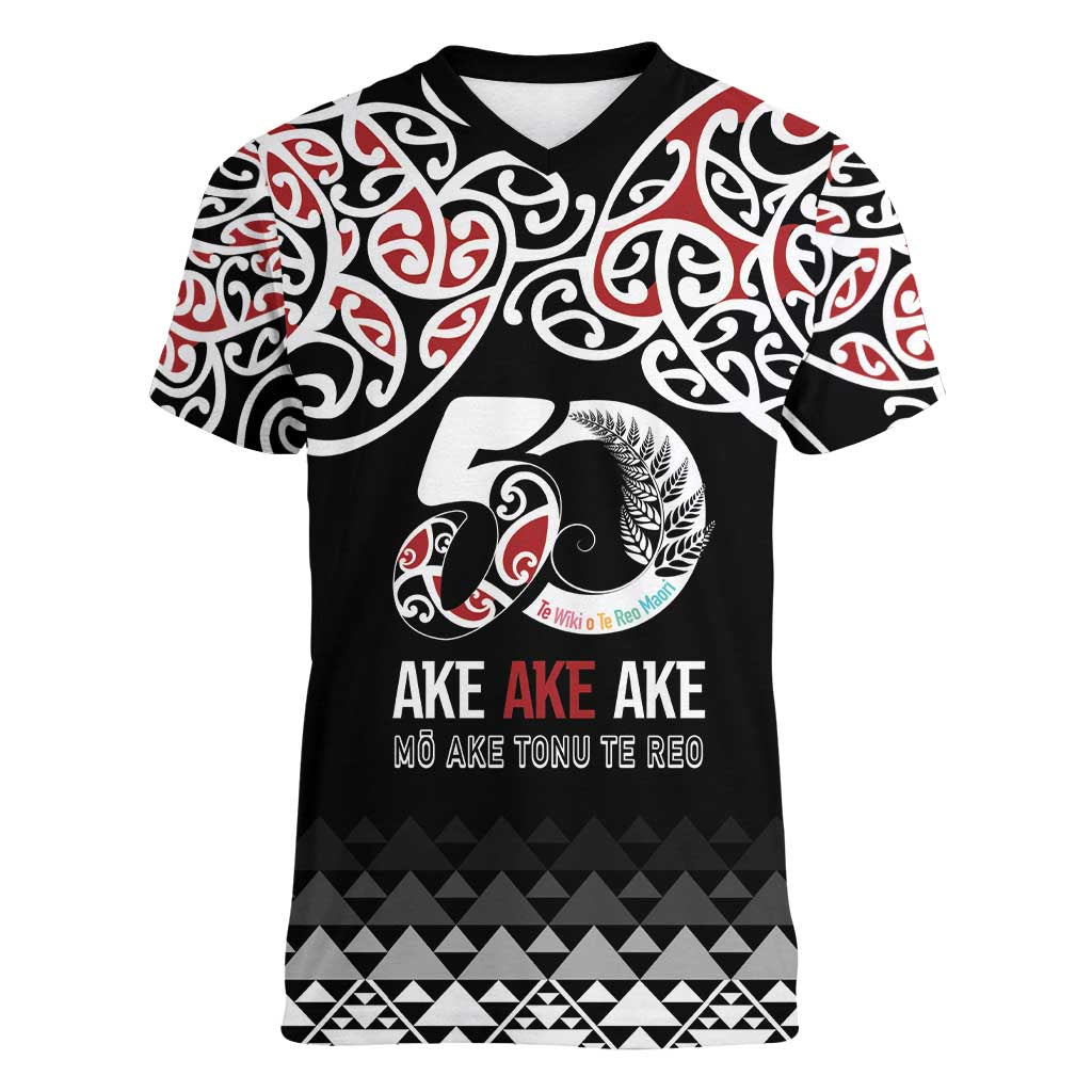 Kia Kaha Te Reo Maori Women V-Neck T-Shirt 50 Years Mo Ake Tonu Te Reo LT7 Female Black - Polynesian Pride