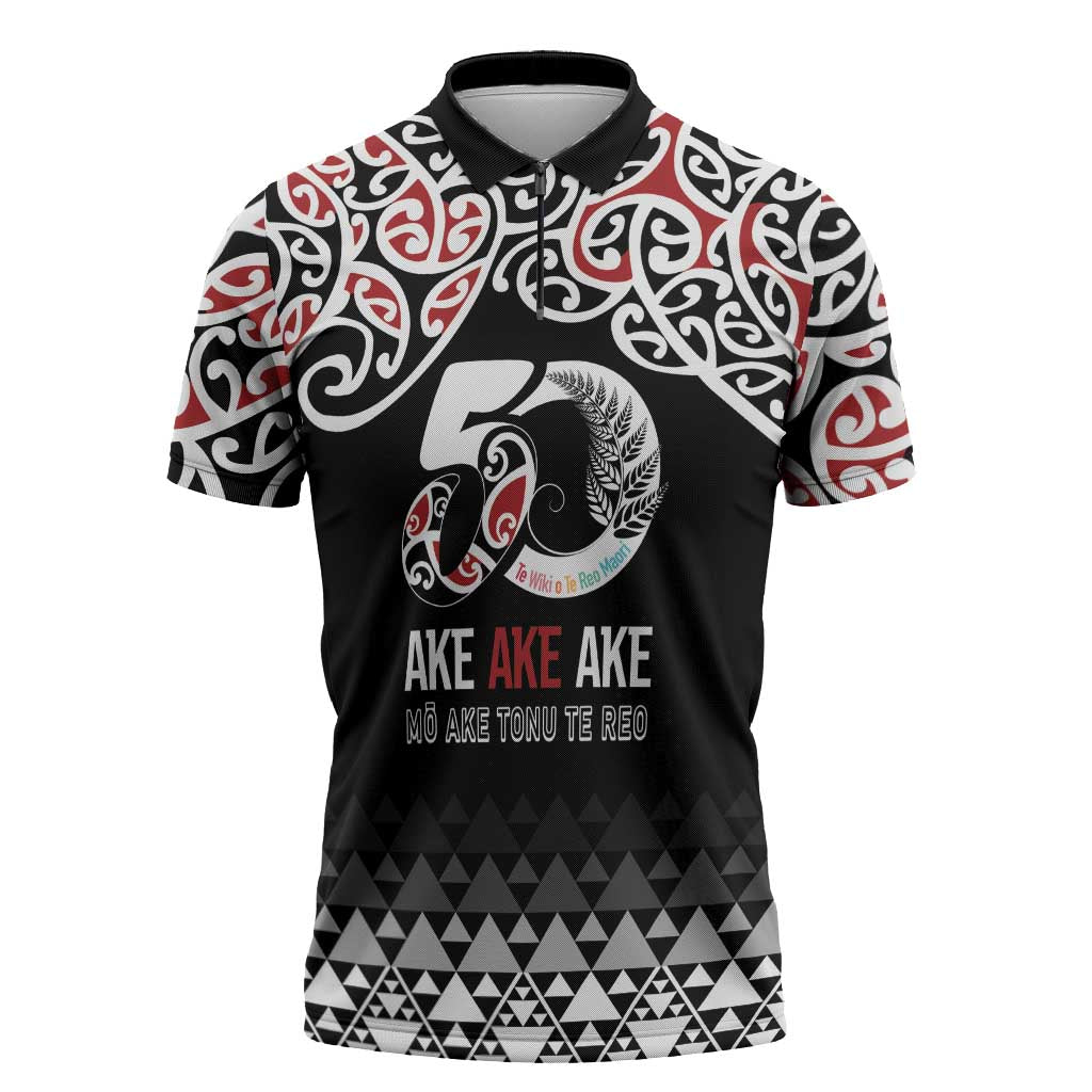 Kia Kaha Te Reo Maori Zipper Polo Shirt 50 Years Mo Ake Tonu Te Reo LT7 Black - Polynesian Pride