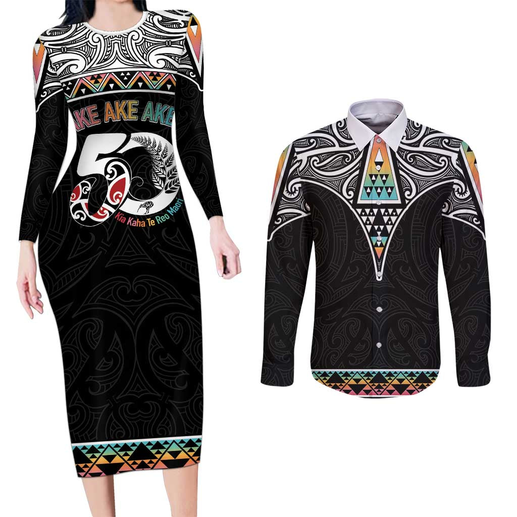 50 Years Kia Kaha Te Reo Maori Couples Matching Long Sleeve Bodycon Dress and Long Sleeve Button Shirt Ake Ake Ake! LT7 White - Polynesian Pride