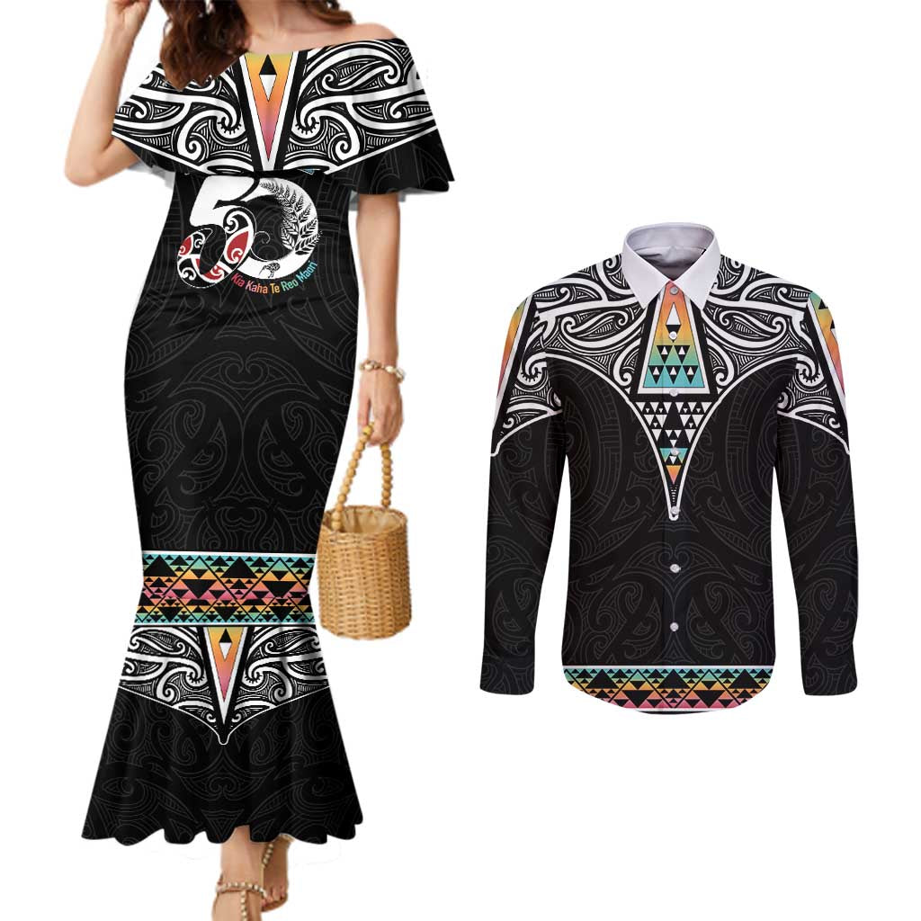50 Years Kia Kaha Te Reo Maori Couples Matching Mermaid Dress and Long Sleeve Button Shirt Ake Ake Ake! LT7 White - Polynesian Pride