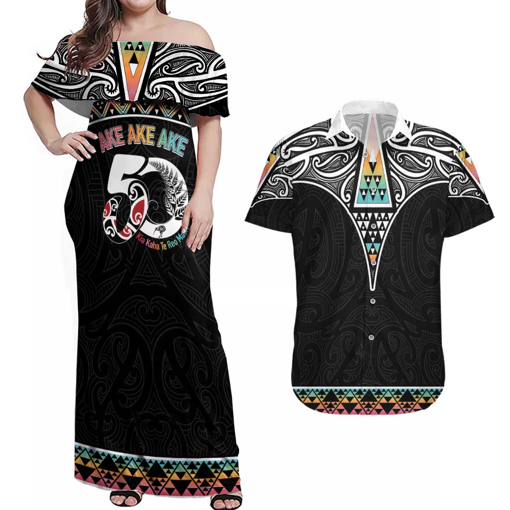 50 Years Kia Kaha Te Reo Maori Couples Matching Off Shoulder Maxi Dress and Hawaiian Shirt Ake Ake Ake! LT7 White - Polynesian Pride