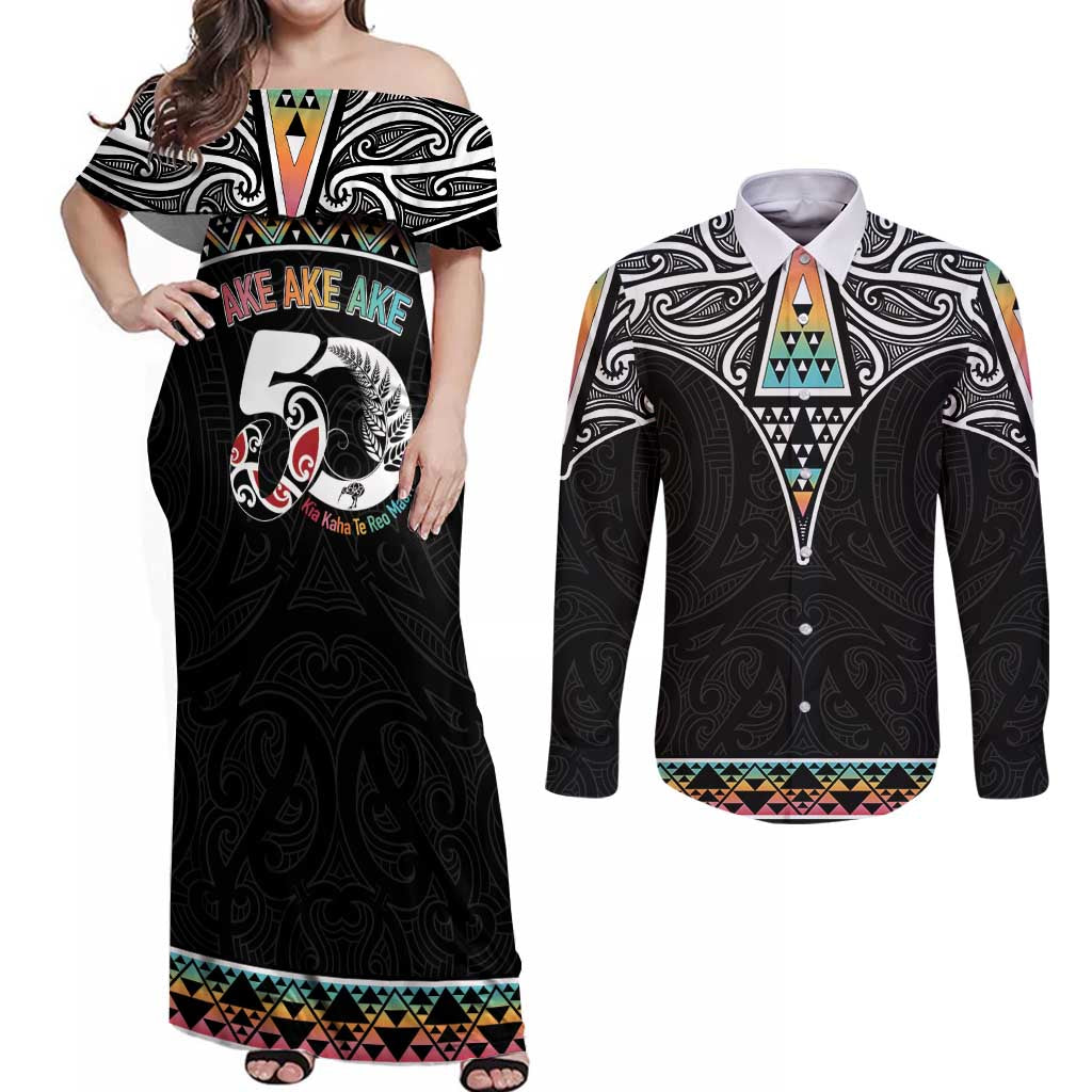 50 Years Kia Kaha Te Reo Maori Couples Matching Off Shoulder Maxi Dress and Long Sleeve Button Shirt Ake Ake Ake! LT7 White - Polynesian Pride
