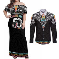 50 Years Kia Kaha Te Reo Maori Couples Matching Off Shoulder Maxi Dress and Long Sleeve Button Shirt Ake Ake Ake! LT7 White - Polynesian Pride