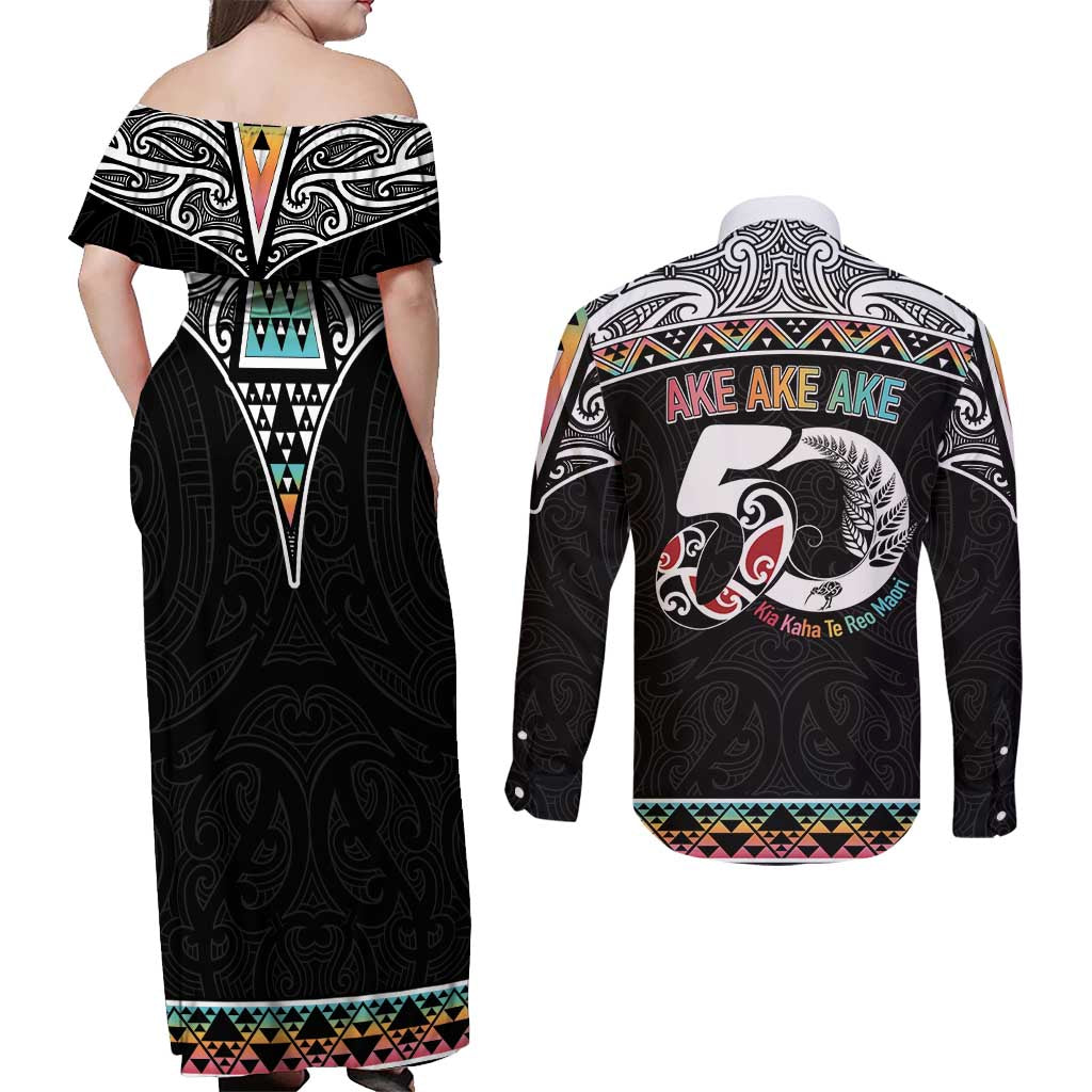 50 Years Kia Kaha Te Reo Maori Couples Matching Off Shoulder Maxi Dress and Long Sleeve Button Shirt Ake Ake Ake! LT7 - Polynesian Pride
