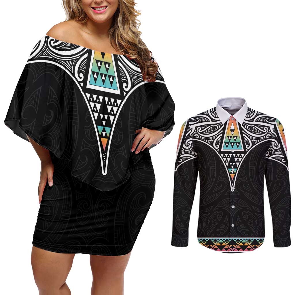 50 Years Kia Kaha Te Reo Maori Couples Matching Off Shoulder Short Dress and Long Sleeve Button Shirt Ake Ake Ake! LT7 White - Polynesian Pride