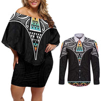 50 Years Kia Kaha Te Reo Maori Couples Matching Off Shoulder Short Dress and Long Sleeve Button Shirt Ake Ake Ake! LT7 White - Polynesian Pride