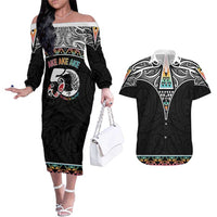 50 Years Kia Kaha Te Reo Maori Couples Matching Off The Shoulder Long Sleeve Dress and Hawaiian Shirt Ake Ake Ake! LT7 White - Polynesian Pride