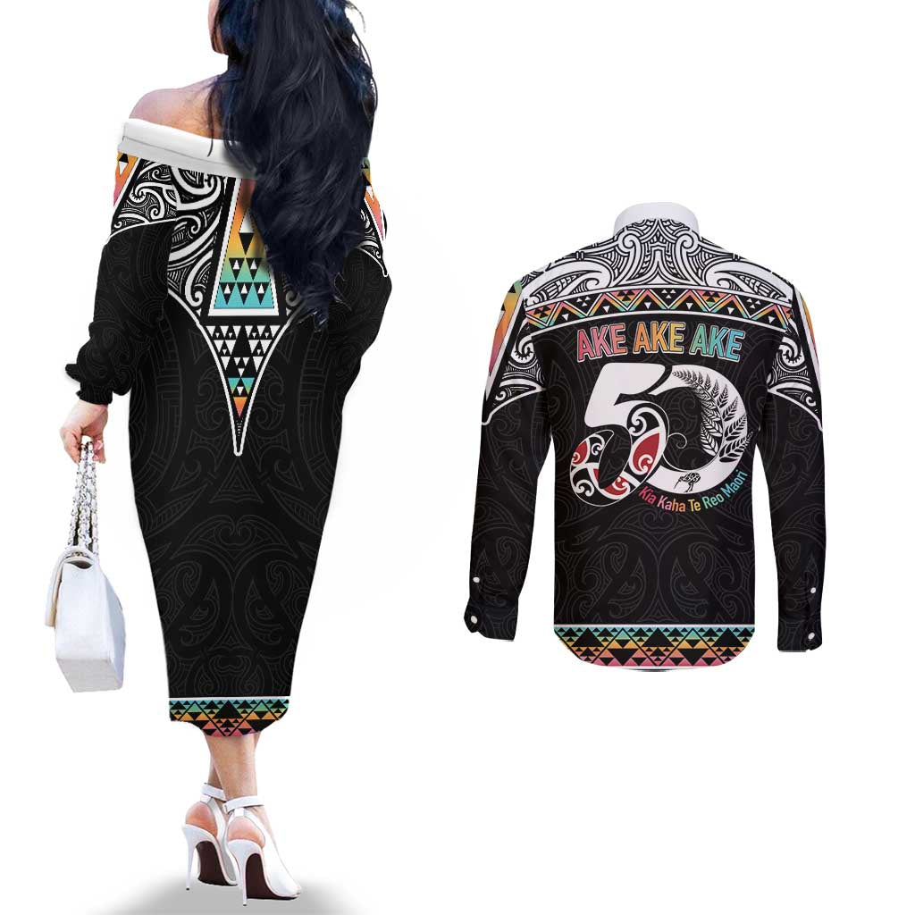 50 Years Kia Kaha Te Reo Maori Couples Matching Off The Shoulder Long Sleeve Dress and Long Sleeve Button Shirt Ake Ake Ake! LT7 - Polynesian Pride