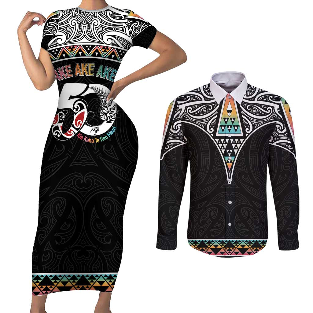 50 Years Kia Kaha Te Reo Maori Couples Matching Short Sleeve Bodycon Dress and Long Sleeve Button Shirt Ake Ake Ake! LT7 White - Polynesian Pride